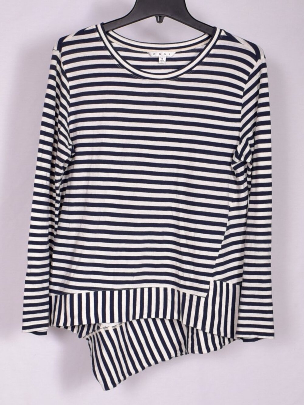 CAbi Navy Blue and White Striped Asymmetrical Hem Long Sleeve Shirt Size Small